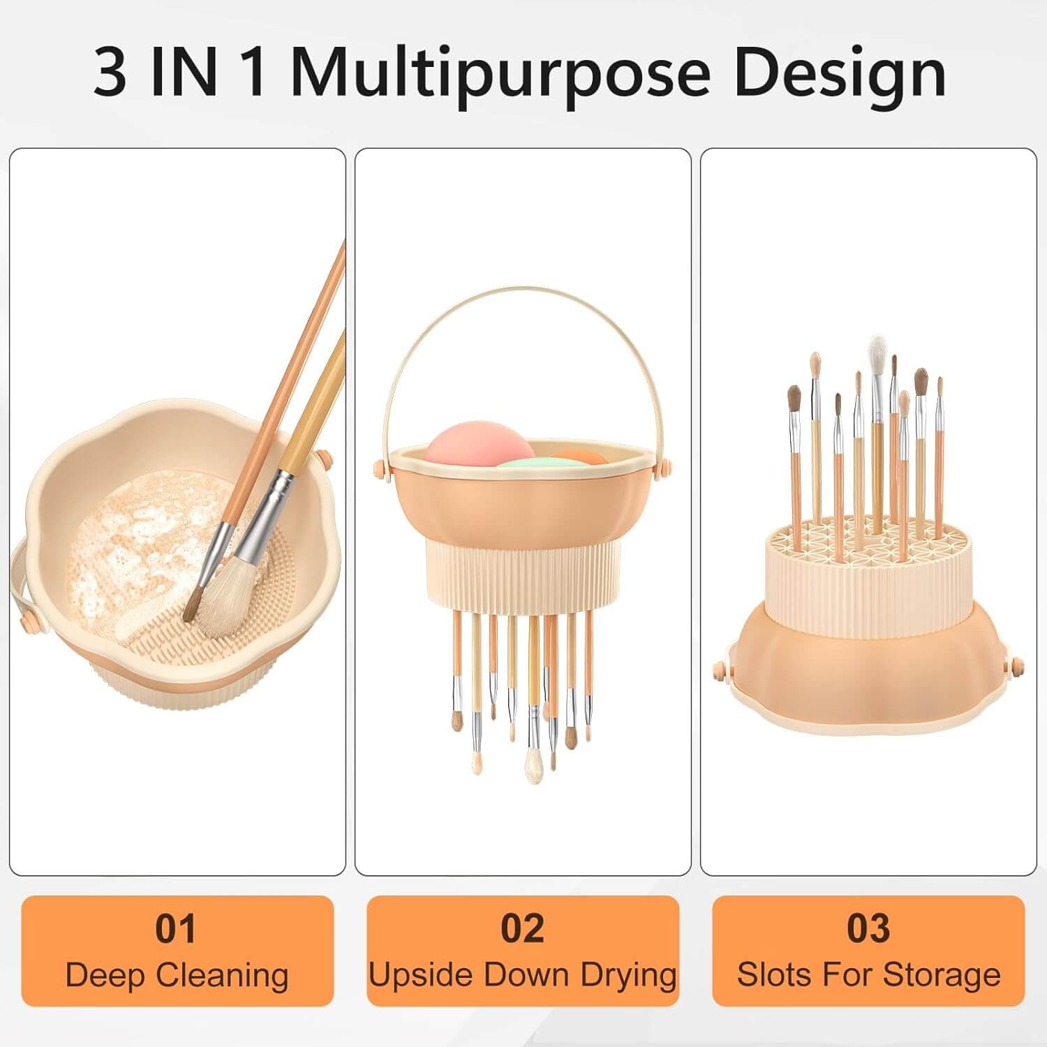 Jovyx CleanOrganize – Siliconen Make-upborstelreiniger & Organizer 3 in 1 ontwerp voor reinigen, drogen en opslaan.