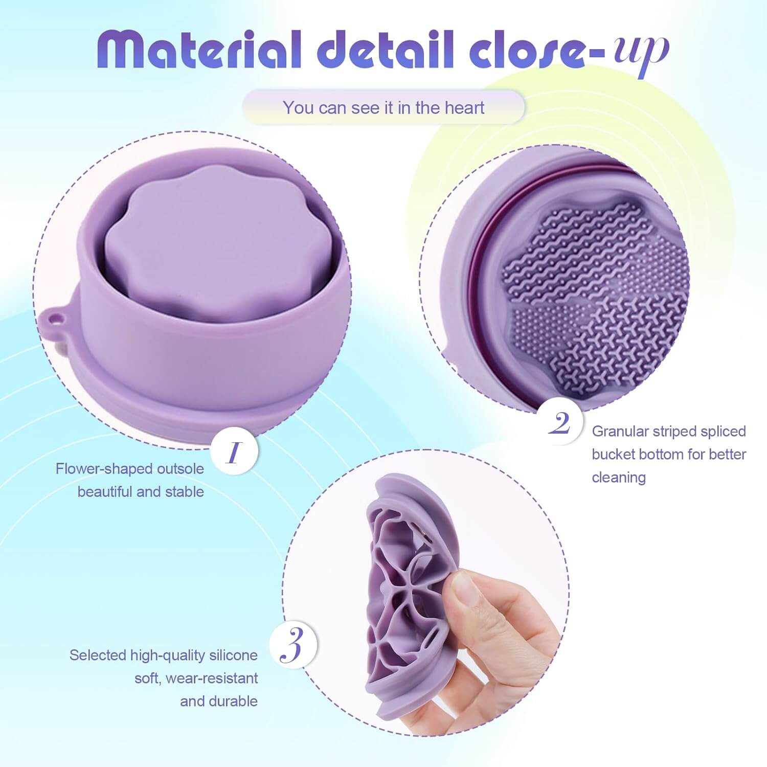 Close-up of Jovyx FoldClean showing flexible silicone material and flower-shaped design for effective cleaning.