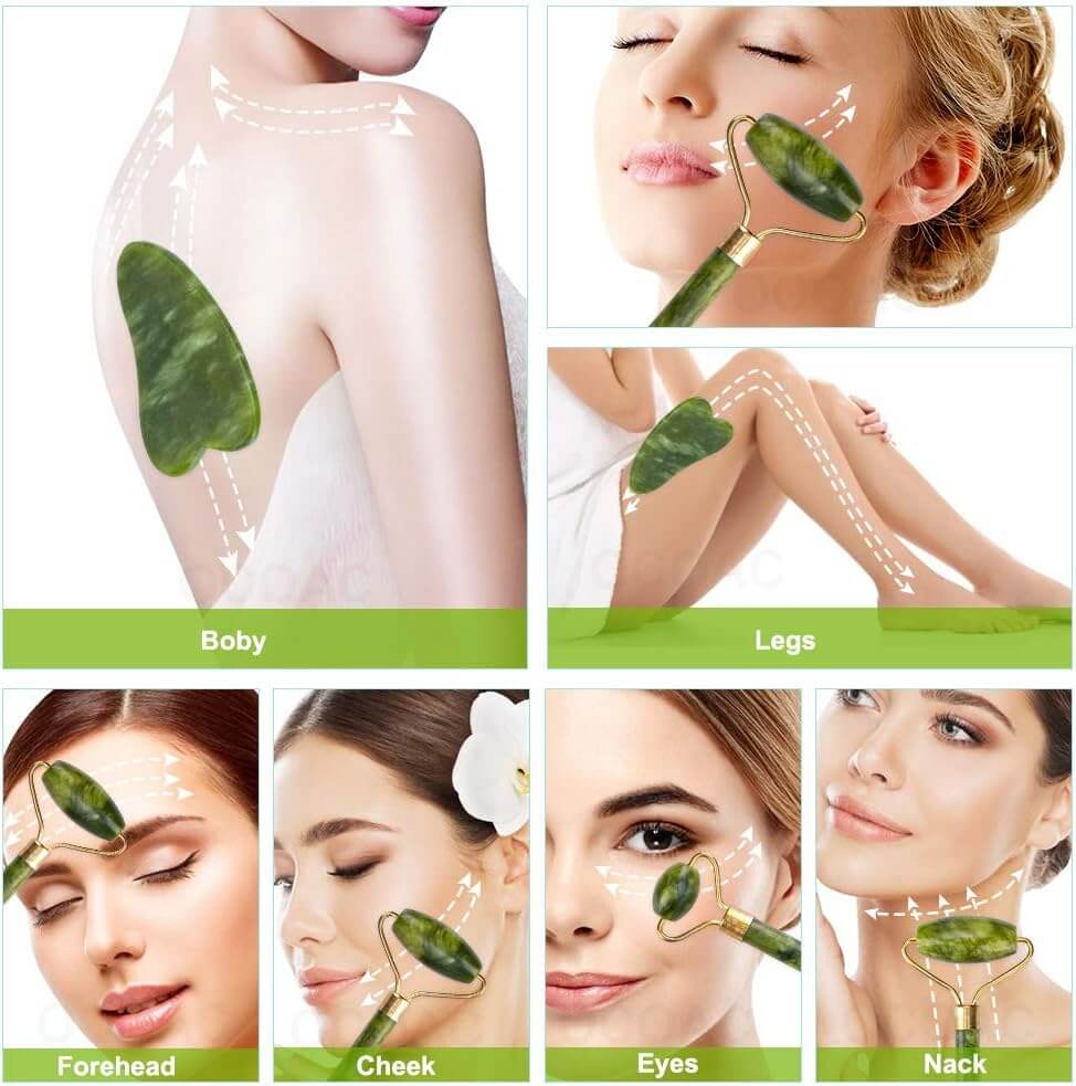 Jovyx Jade Roller – Gezichtsmassager afbeelding met gebruiksaanwijzing voor gezicht en lichaam.