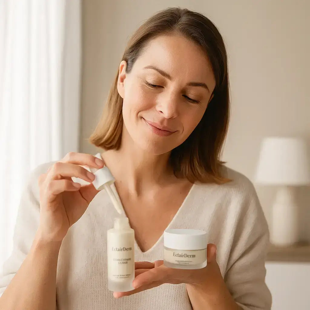 Vrouw met Jovyx Verzachtend elixer en ÉclairDerm serum, genietend van huidverzorging in een serene setting.