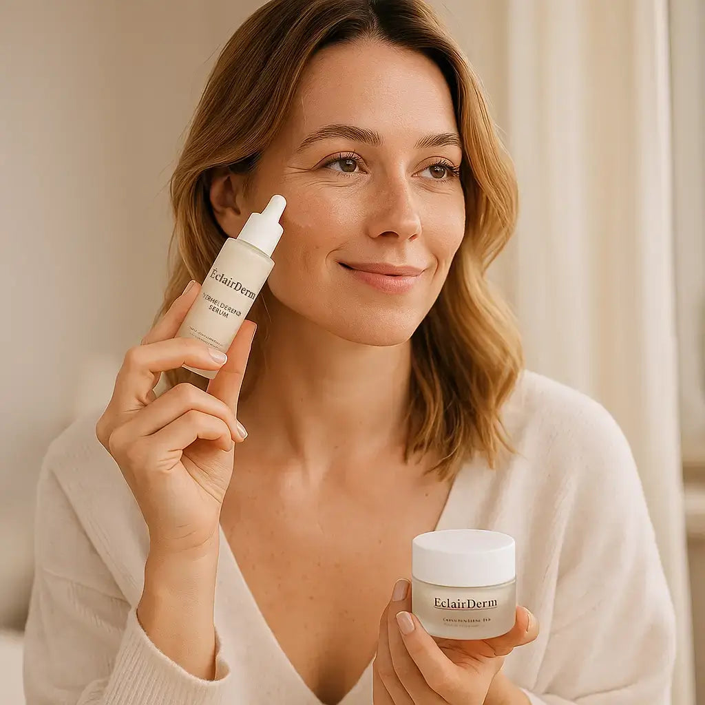 Woman holding ÉclairDerm Verhelderend Serum and Nachtmasker, featuring Jovyx Verzachtend elixer for brightening skin.