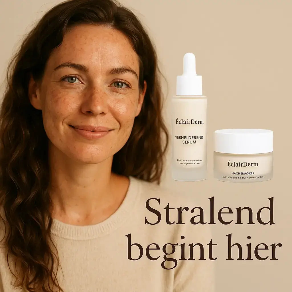 Jovyx Verzachtend elixer displayed with ÉclairDerm Verhelderend Serum and Nachtmasker for brightening skin.