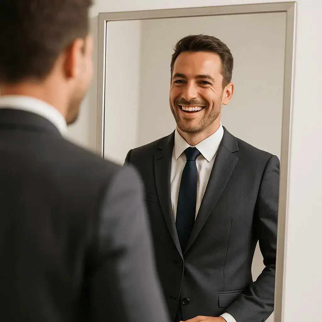 Man in suit smiling at himself in mirror, feeling confident with Jovyx Vitaliserende inhalator.