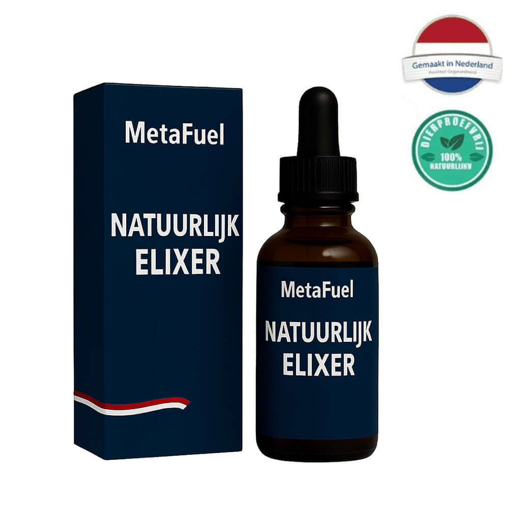 MetaFuel Natuurlijk elixer in een fles met pipet en bijpassende verpakking voor wellnessroutine.