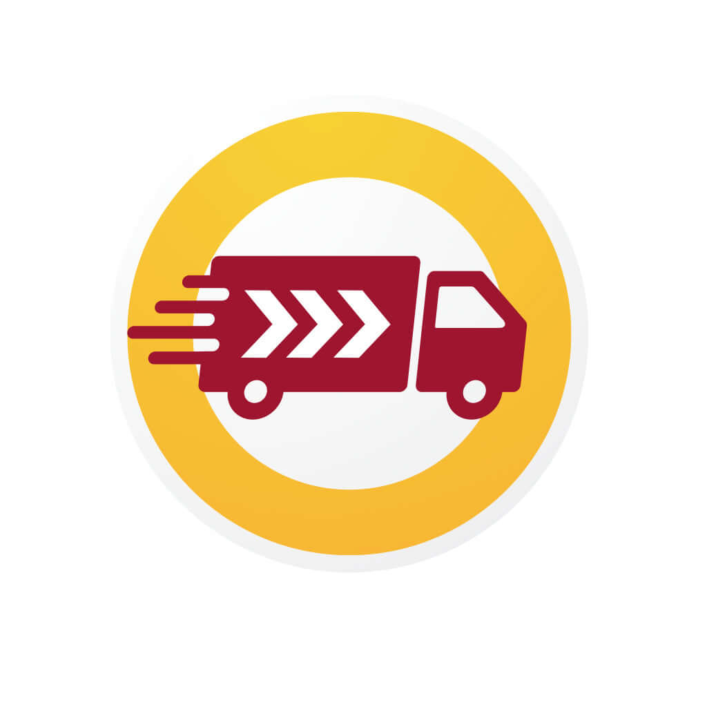 Prioritaire verzending icon showing a fast delivery truck on a yellow circular background.