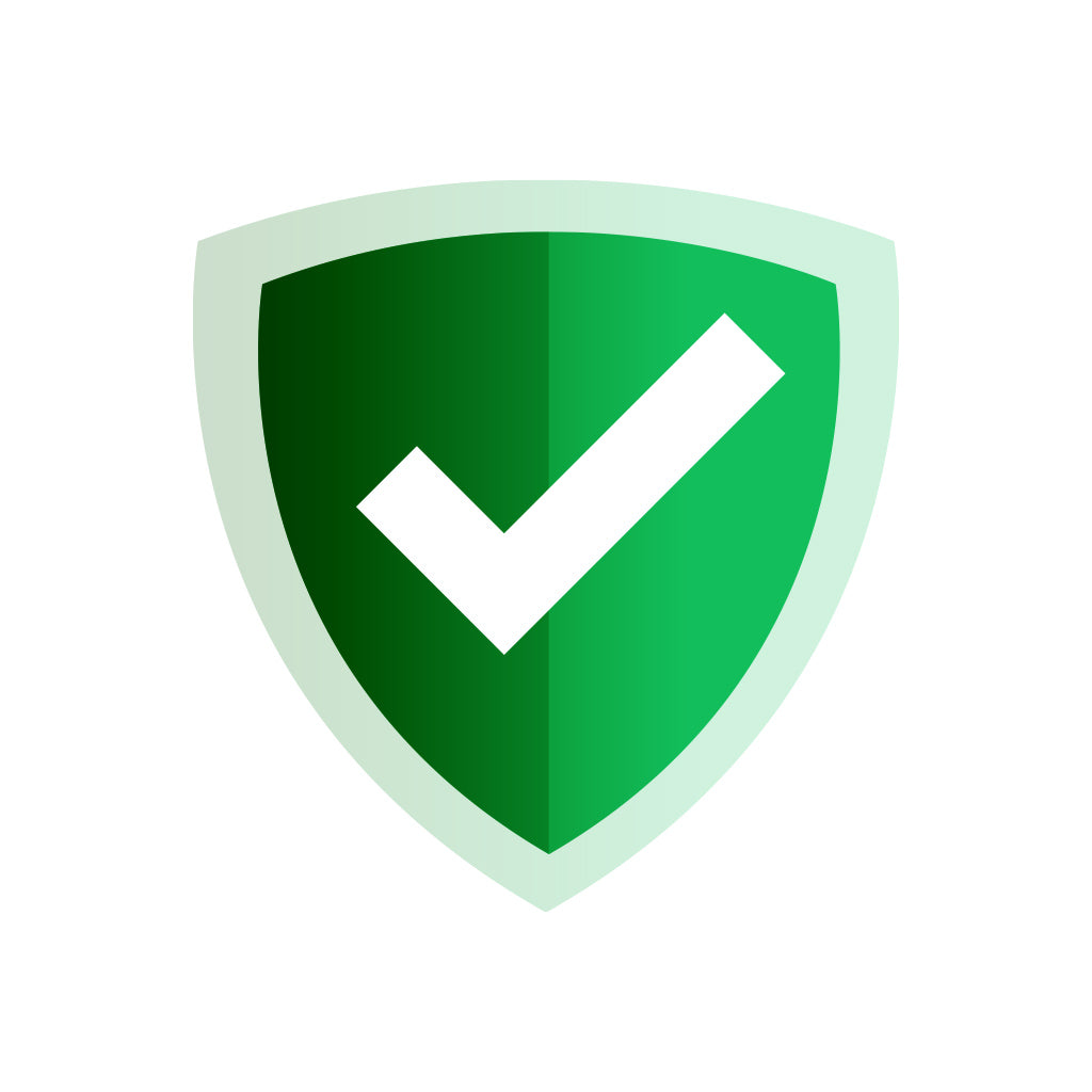 Productgarantie shield with checkmark indicating product warranty and approval.