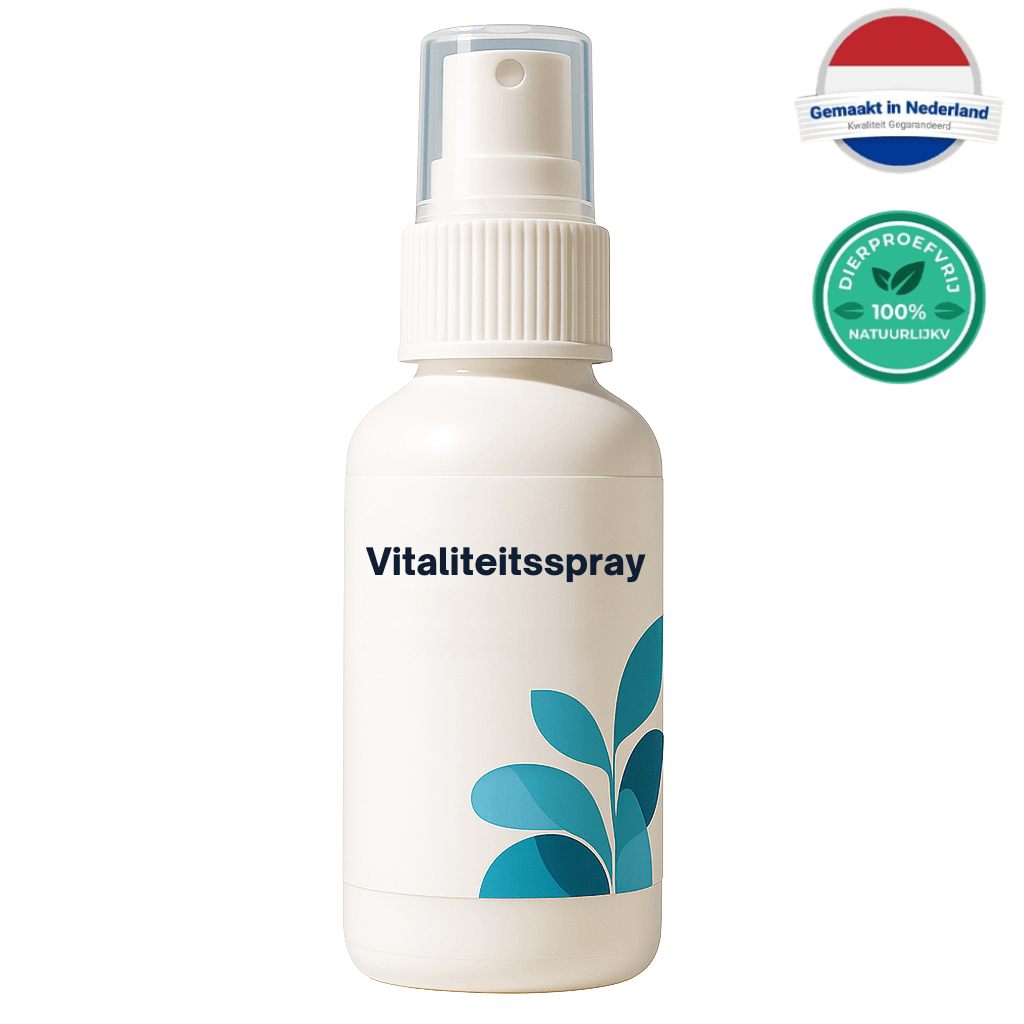 Vitaliteitsspray in een witte sprayfles met blauwe accenten, ideaal voor het verfrissen van vermoeide ogen.