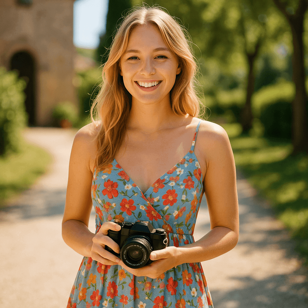 Vrolijke vrouw met camera in een bloemenjurk, genietend van een zomerse wandeling.